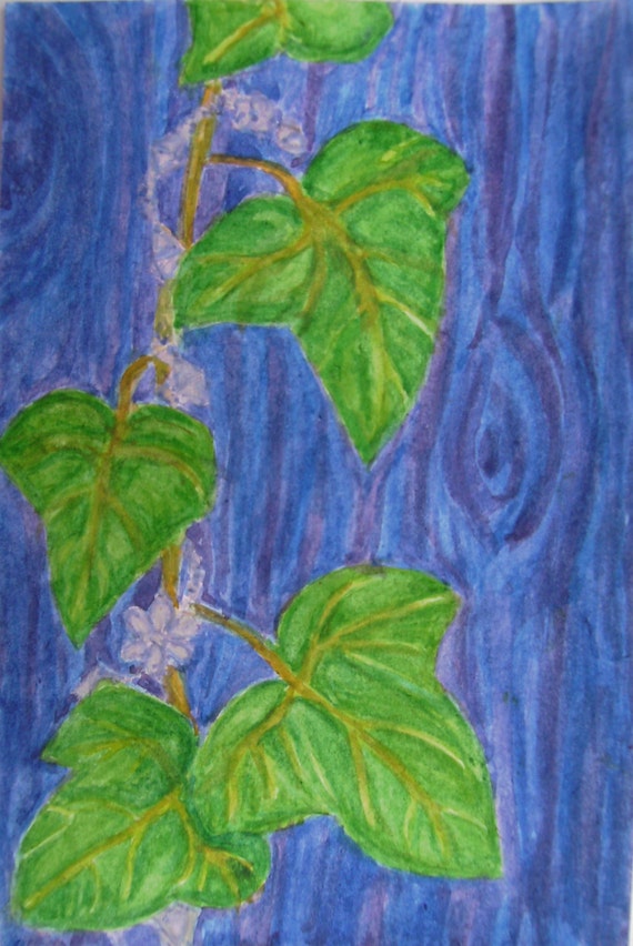 Efeu auf blauem Baum, Mini Aquarellmalerei auf Papier, original,  handbemaltes Geschenk, Efeubltter und kleine fliederfarbene Blumendetails,  blauer Holzgrain - Etsy sterreich