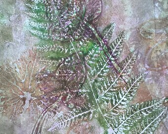 Monoprint: Autumn leaves layers, original fern and garden leaf botanical printmaking, green, purple and orange, nature fine art UK