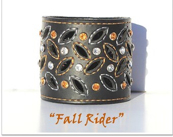 Womens leather bracelet, Bikers leather cuff, Black leather cuff bracelet, Glittering crystal rivets bracelet, Handmade cuff, Fall colors