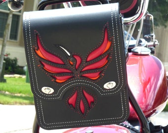 Custom Motorcycle Sissy Bar Bag for Harley Davidson, Motorcycle Toolbag, Saddle Bag, Motorcycle Pouch, Fire Hummingbird Red Leather Inlays