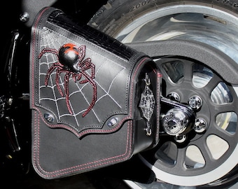 Custom Motorcycle Swingram Black Leather Bag with Black Widow Spider and Alligator Embossed Leather Inlays, Motorcycle Sidebag, Saddle Bag