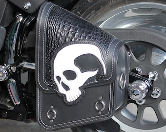 Custom Motorcycle Bag, Swingarm Bag with Skull, Black and White Leather Bag, Motorcycle Saddlebag, Custom Motorcycle Luggage