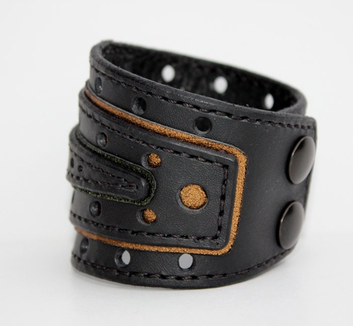 Black Leather Cuff Bracelet Mens Leather Wristband Bikers Etsy