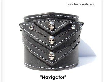 Leather Cuff Bracelet | Mens Leather Cuff | Bikers Bracelet Cuff with Skull Rivets, Dome Rivets and Grey Stitching | Bikers Accessory