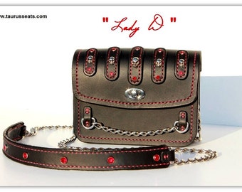 Stylish CrossBody Leather Pouch Bag, Black and Red Leather Purse, Womens Bikers Leather Bag with Skull Rivets, Red Crystals, and Chain