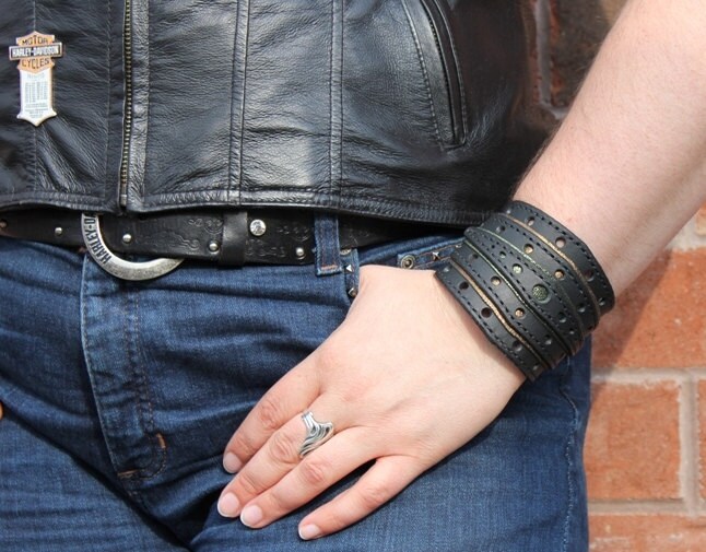 Black Leather Cuff Bracelet Mens Leather Wristband Bikers - Etsy