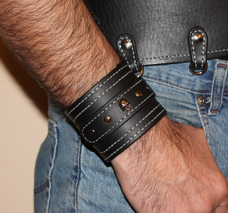 Bikers Leather Cuff Bracelet Handmade Mens Wristband Mens Leather Bracelet Cuff with Silver Stitches, Chrome Stud, and Skull Rapid Stud image 2