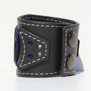 Womens Leather Bracelet Cuff Leather Wristband Womens Statement Bracelet Denim Style Leather Cuff Royal Blue Leather Polka Dots image 5