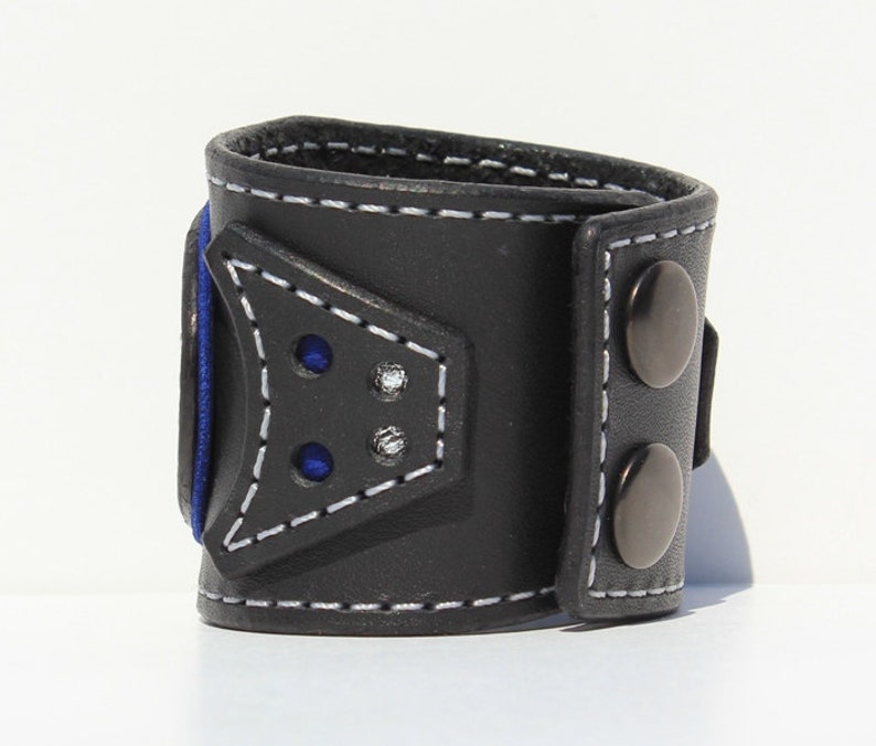 Womens Leather Bracelet Cuff Leather Wristband Womens Statement Bracelet Denim Style Leather Cuff Royal Blue Leather Polka Dots image 5