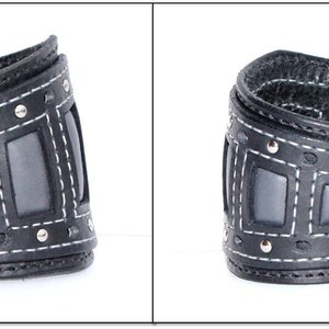 Leather Cuff Bracelet, Wristband with Chrome Rivets, Grey Leather Inlays, Contrast Grey Stitching, Motorcycle Accessory, Black Bikers Cuff image 4