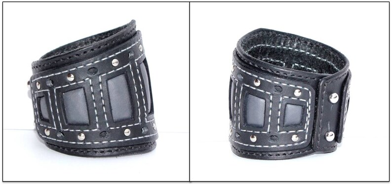 Leather Cuff Bracelet, Wristband with Chrome Rivets, Grey Leather Inlays, Contrast Grey Stitching, Motorcycle Accessory, Black Bikers Cuff image 4