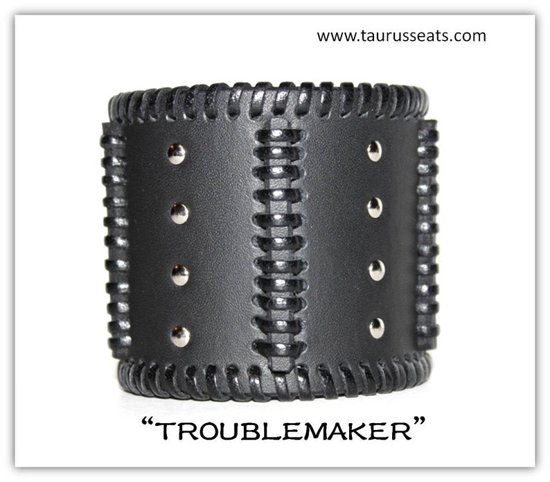 Black leather cuff bracelet, bikers leather wristband, handmade mens leather cuff bracelet with chrome studs and unique leather lacing image 1