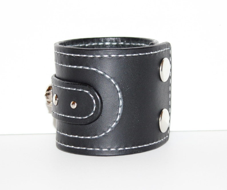 Bikers Leather Cuff Bracelet Handmade Mens Wristband Mens Leather Bracelet Cuff with Silver Stitches, Chrome Stud, and Skull Rapid Stud image 4