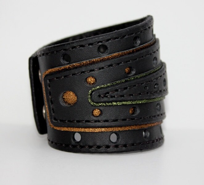 Black Leather Cuff Bracelet Mens Leather Wristband Bikers Etsy