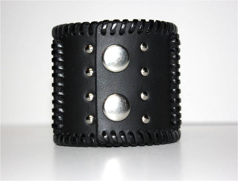 Black leather cuff bracelet, bikers leather wristband, handmade mens leather cuff bracelet with chrome studs and unique leather lacing image 4