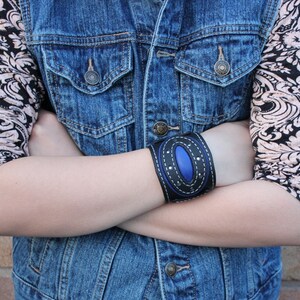 Womens Leather Bracelet Cuff Leather Wristband Womens Statement Bracelet Denim Style Leather Cuff Royal Blue Leather Polka Dots image 2