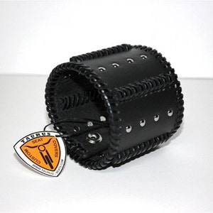 Black leather cuff bracelet, bikers leather wristband, handmade mens leather cuff bracelet with chrome studs and unique leather lacing image 5