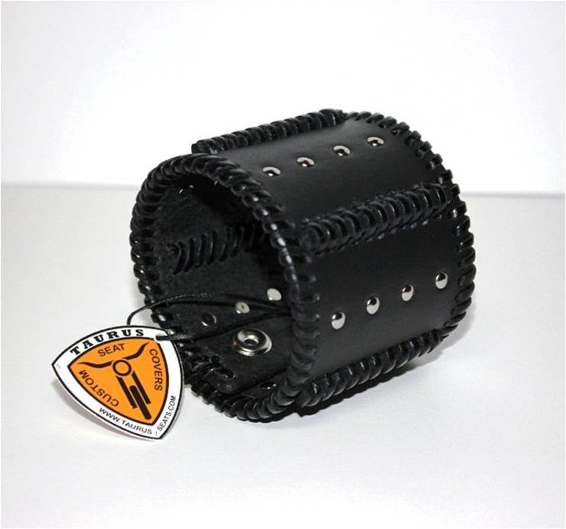 Black leather cuff bracelet, bikers leather wristband, handmade mens leather cuff bracelet with chrome studs and unique leather lacing image 5