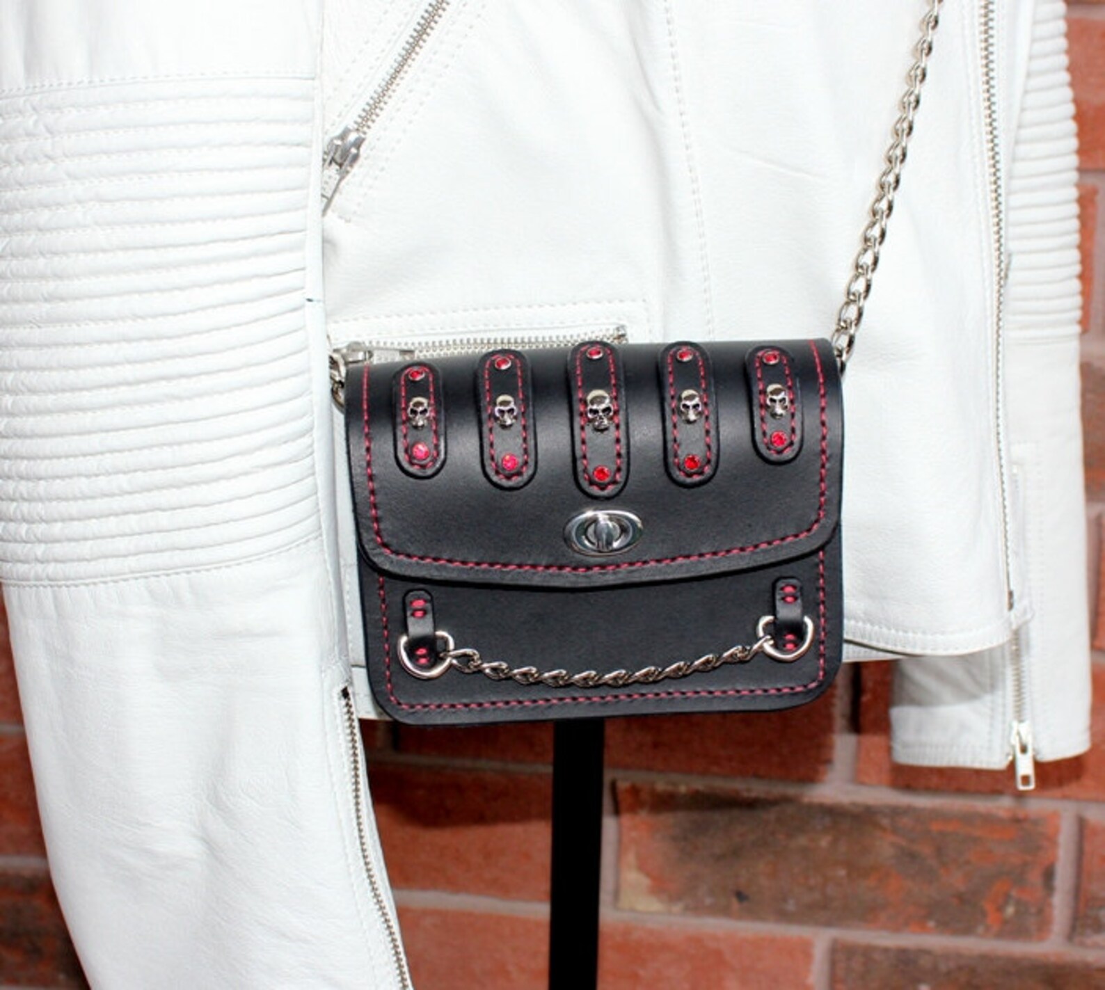 Stylish Crossbody Leather Pouch Bag, Black and Red Leather Purse