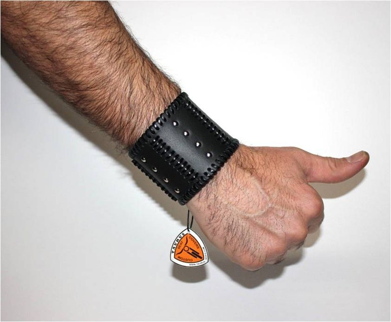 Black leather cuff bracelet, bikers leather wristband, handmade mens leather cuff bracelet with chrome studs and unique leather lacing image 3