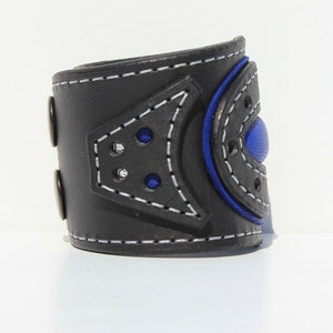 Womens Leather Bracelet Cuff Leather Wristband Womens Statement Bracelet Denim Style Leather Cuff Royal Blue Leather Polka Dots image 4