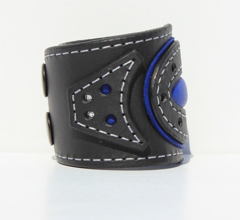 Womens Leather Bracelet Cuff Leather Wristband Womens Statement Bracelet Denim Style Leather Cuff Royal Blue Leather Polka Dots image 4