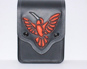 Custom Motorcycle Sissy Bar Bag for Harley Davidson, Motorcycle Pouch with Hummingbird Orange Reverse Leather Applique, Motorcycle Toolbag