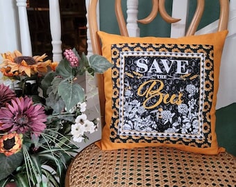 Save the Bees Throw Pillow, Bee Decor, 14x14 Pillow