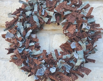 Fall Rag Wreath, Brown and Blue Shabby Chic Decor, 15 Inch