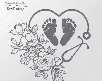 Nurse Stethoscope Heart Decals, Baby foot, Floral Stethoscope SVG File,Nurse SVG,Nursing SVG, Sticker svg file