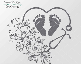 Floral Stethoscope Heart with Baby Foot SVG - Nurse Decal (Digital Files)
