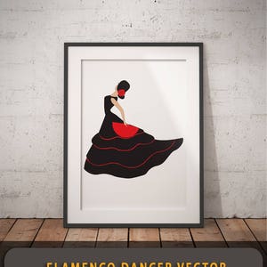 Könnte beinhalten: Eine schwarze und rote Silhouette einer Flamenco-Tänzerin in einem wallenden Rock. Die Tänzerin ist in einer anmutigen, dynamischen Pose mit einer roten Blume im Haar dargestellt. Das Bild ist vor einem weißen Hintergrund platziert.