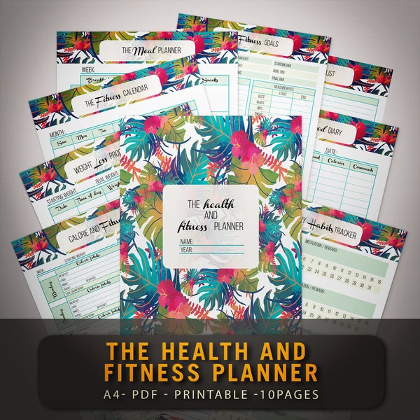 Fitness Planner Organizer Printable Health Journal Workout Log Sheduler Food Diary Calorie Tracker Daily Weight Loss Book A4 Size PDF