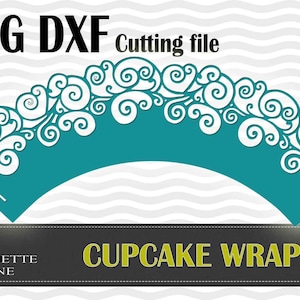 May include: A teal blue cupcake wrapper with a white swirl design. The wrapper is designed for use with a Silhouette cutting machine. The text "SVG DXF Cutting file" and "CUPCAKE WRAPPER" is visible on the image.