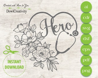 Floral Stethoscope SVG: Nurse Heart Design, Vector Cut File (Digital File)