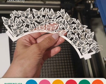 Mariposas Cupcake Wrapper SVG DXF archivos de corte, máquina láser, decoración de boda fiesta, plantilla