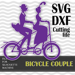 Puede incluir: Silueta púrpura de una pareja en bicicleta tándem. La imagen incluye el texto "SVG DXF Cutting file" y "Bicycle Couple". El diseño es adecuado para máquinas de corte.