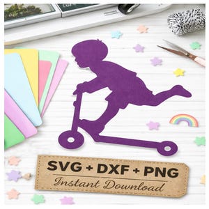 Niño en patinete SVG DXF: Archivo de corte de vinilo (descarga digital)