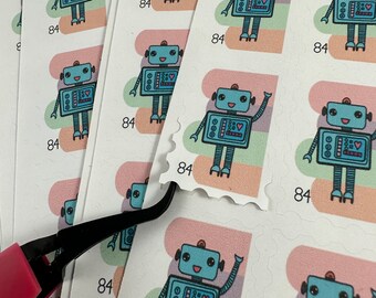 Cute Robot Faux Stamp Sticker Sheet - Set of 8, Original Artwork