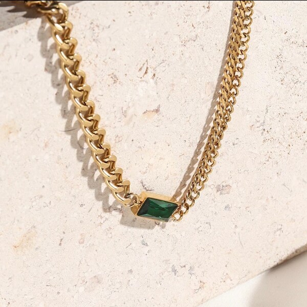 Stainless Steel 18K Gold Plated Necklace with Emerald Color CZ Stone