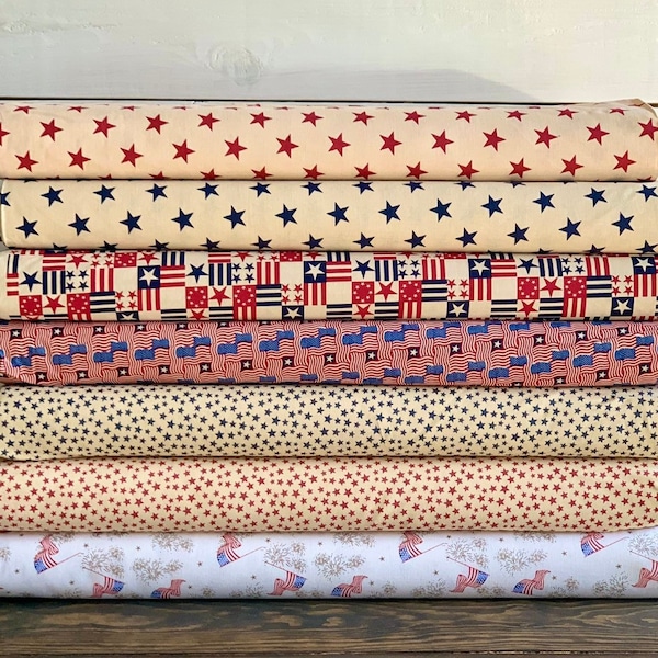 Patriotic Americana 4th of July Fabric - Vintage Patriotic Collection - Independence Day -7 Patterns - By the Yard or Fat Quarter Bundle