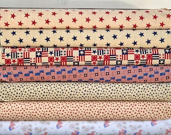 Patriotic Americana 4 juli-stof - Vintage patriottische collectie - Independence Day -7 patronen - op maat knippen of Fat Quarter-bundel