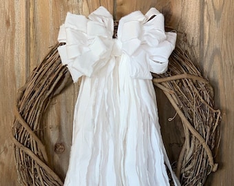 Wedding Rag Wreath Bow - Cream Rag Bow - Farmhouse Wedding Decor - Shabby Chic Bow - Rag Garland Bow - Wedding Garland Bow - Wedding Pew Bow