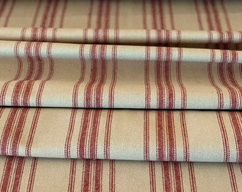 Grain Sack Fabric - Feed Sack Fabric - Ticking Fabric - Our EXCLUSIVE Fabric - Farmhouse Style - Red Stripes on Beige Light Brown -63"Wide