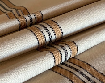 Grain Sack Fabric - Feed Sack Fabric - Ticking Fabric - Our EXCLUSIVE Fabric - Cottage Farmhouse Style - Mustard/Black on Beige - 63" Wide