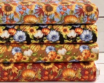 Pumkin and Sunflower Cotton Fabric Available by the Yard, 1/2 yard, 1/4 yard, and Fat Quarter