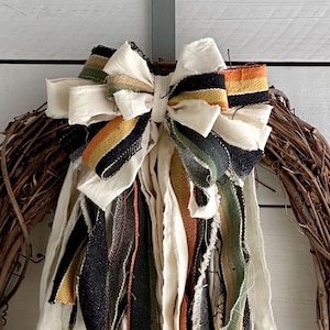Rag Wreath Bow - Black & Muslin - Serape Bow - Wedding Farmhouse House Bow - Southwest Bow - Rag Garland Bow - Rag Bow