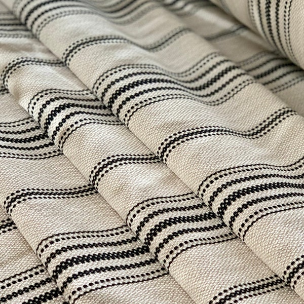 Grain Sack Fabric - Feed Sack Fabric - Upholstery Fabric - Ticking Fabric - Farmhouse Style - Black Stripes on Cream - 56" Wide