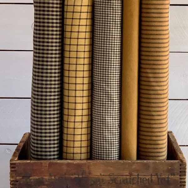 Homespun Black and Mustard Gold Plaid, Check, Solid, & Stripe Collection - Woven, Doubled Sided, Yd., 1/2 yard, 1/4 yard, Fat Quarter Bundle