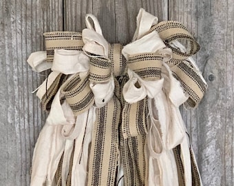 Rag Wreath Bow - Black, Beige, & Muslin - Grain Sack Bow - Wedding Farmhouse House Bow - Shabby Chic Bow - Rag Garland Bow - Rag Bow